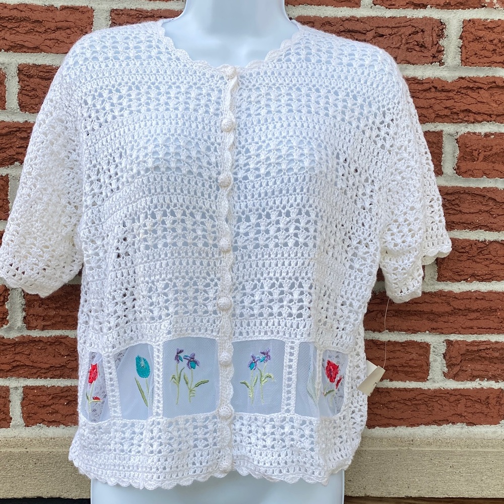 Tag Cardigan Sweater Crocheted Short Sleeve Size L NWT